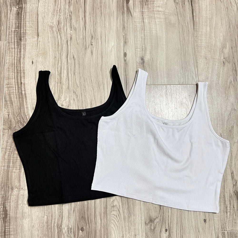 Women's Ribbed Tank Tops Set of 2 — Black & White Size L